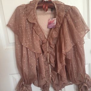 Ruffled chiffon blouse with metallic polka dots